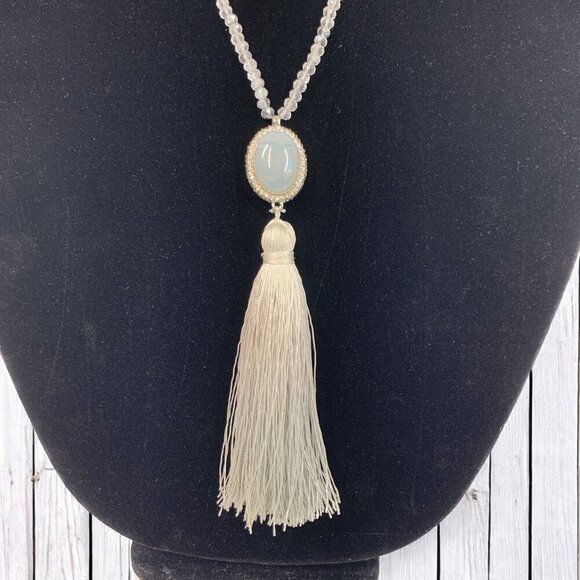 LOFT Beaded Tassel Necklace Opera Length Pale Blue Faux Gemstone Rhinestone 34"L - Picture 2 of 5